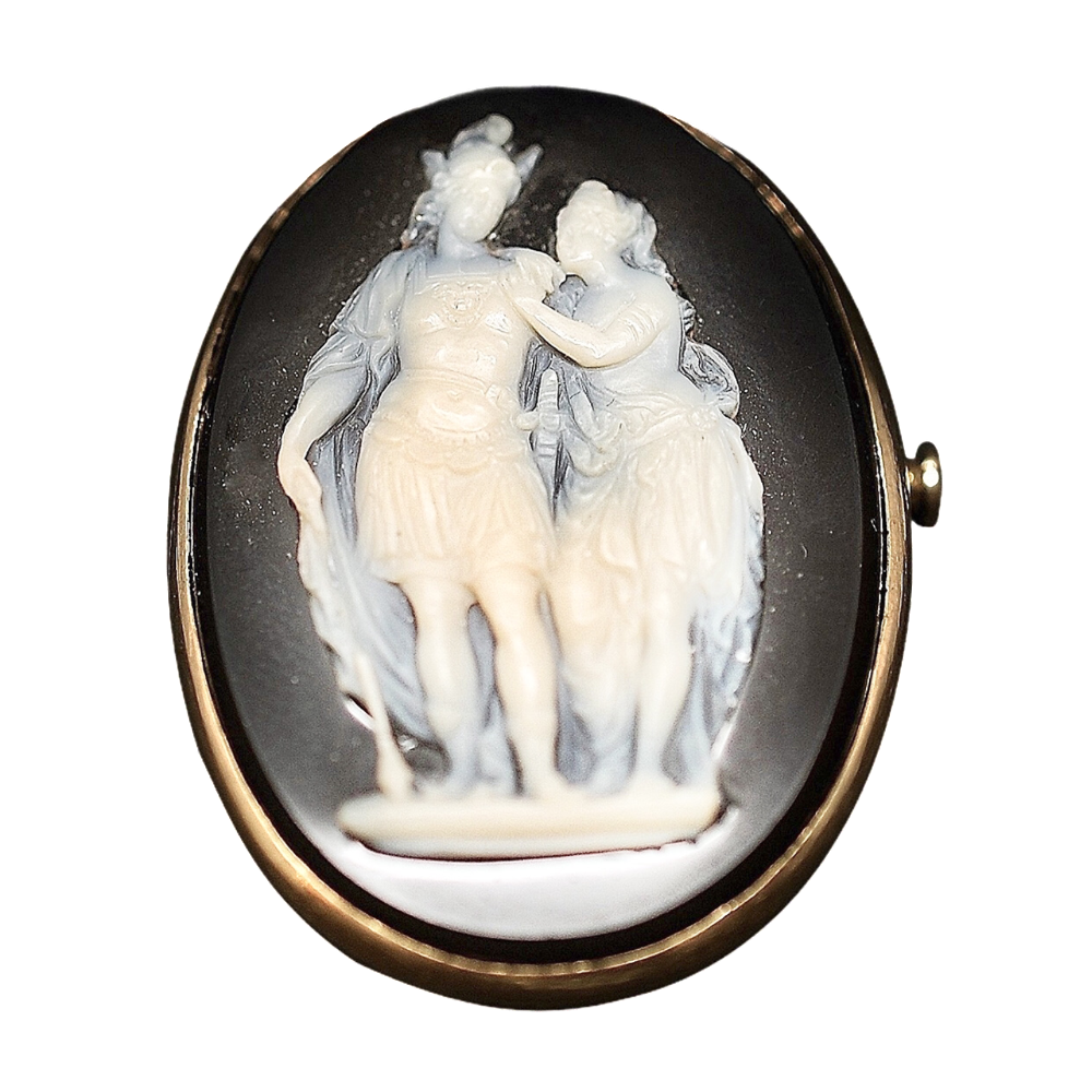 Broche "Camée" Agate et Or Jaune 18K avec 2 personnages à L'Antique 19 ème Broche "Camée" Agate et Or Jaune 18K avec 2 personnages à L'Antique 19 ème