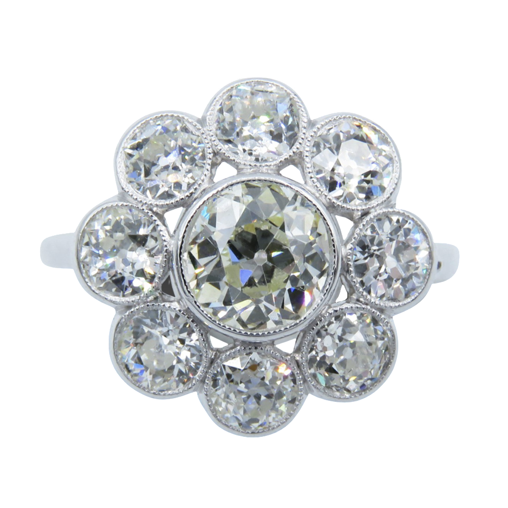 Bague entourage vers 1930 en platine avec 2,50 Cts Ct de Diamants. Taille 50-51