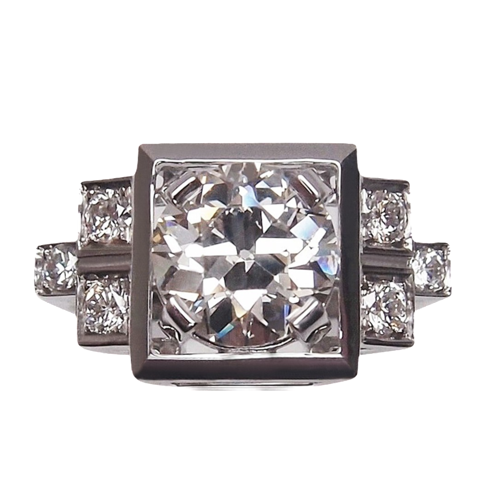 Bague Solitaire style Art Déco Diamant de 2.05 cts Cts H-VVS2 Or 18k.
