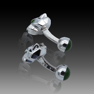 Boutons manchettes Cartier "Décor" Argent massif Laque et Jade tête de panthère