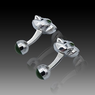 Boutons manchettes Cartier "Décor" Argent massif Laque et Jade tête de panthère