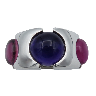 Bague FRED "Taquine" en Or gris 18k Tourmalines et Amethyste Cabochon .Taille 53. 