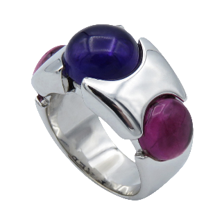 Bague FRED "Taquine" en Or gris 18k Tourmalines et Amethyste Cabochon .Taille 53. 