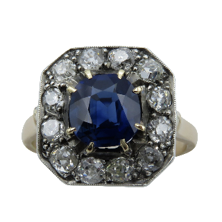 Bague Or 18k et Argent vers 1920 avec Saphir et diamants . Taille 53-54