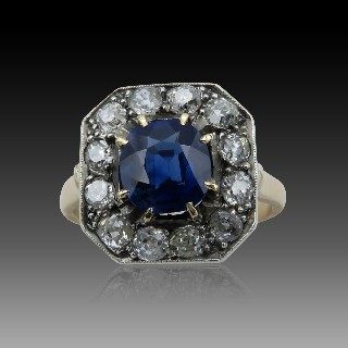 Bague Or 18k et Argent vers 1920 avec Saphir et diamants . Taille 53-54