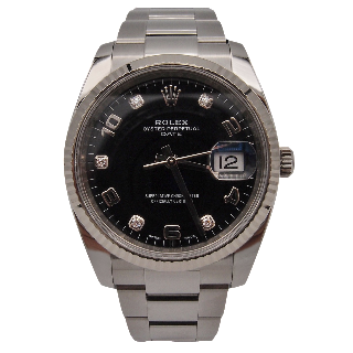 Montre Rolex Oyster Date Homme Acier de 2017 . Cadran noir index diamants .Ref : 115234 .