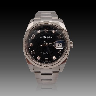 Montre Rolex Oyster Date Homme Acier de 2017 . Cadran noir index diamants .Ref : 115234 .