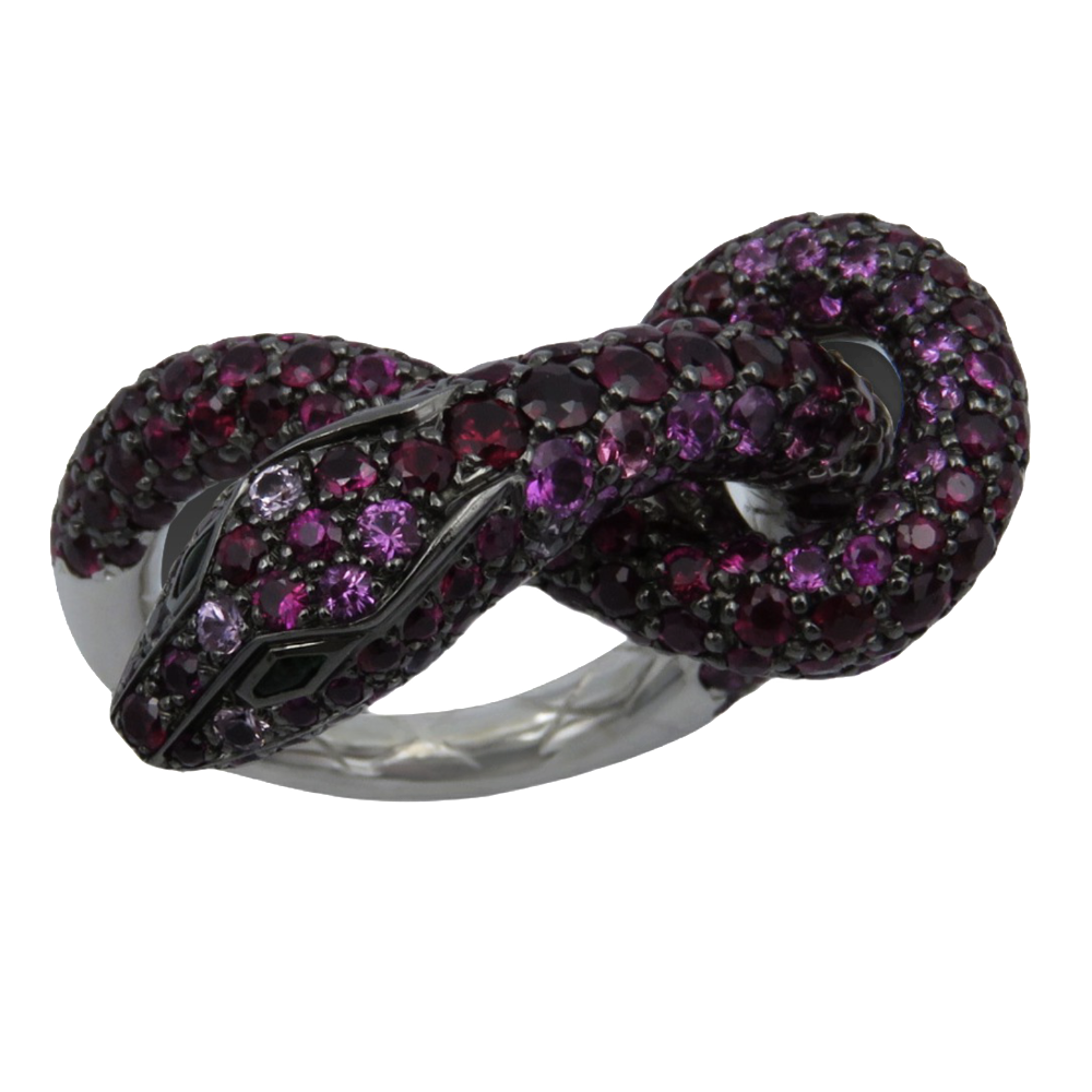 Bague Boucheron KAA "Le Serpent" Or gris 18k Rubis, Saphirs, Diamants.Taille 53.