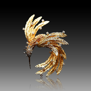 Broche "Oiseau du Paradis" Or 18k massif avec Diamants Vers 1965.