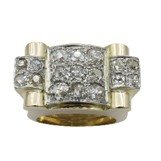 Bague Tank vintage vers 1950 en Or 18K et Platine avec Diamants .