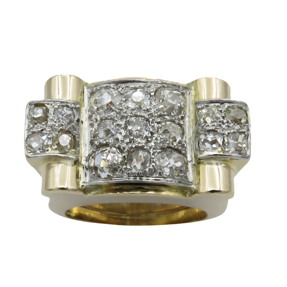 Bague Tank vintage vers 1950 en Or 18K et Platine avec Diamants .