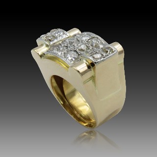 Bague Tank vintage vers 1950 en Or 18K et Platine avec Diamants .