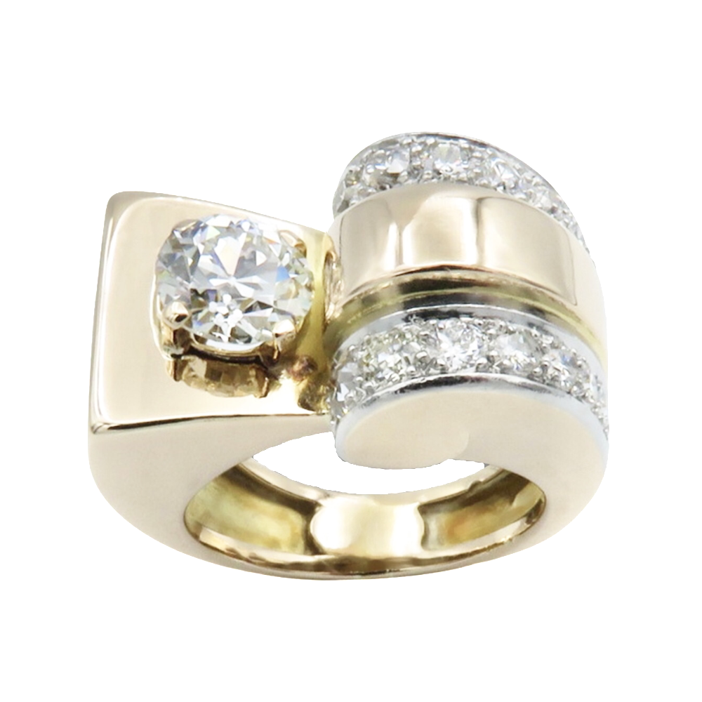 Bague Tank vintage vers 1950 en Or 18K et Platine avec Diamants .