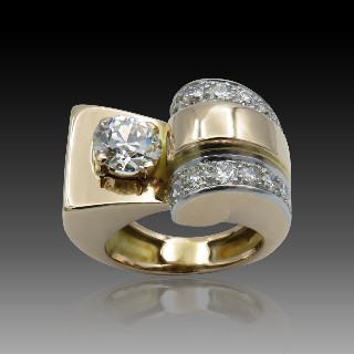 Bague Tank vintage vers 1950 en Or 18K et Platine avec Diamants .