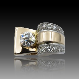 Bague Tank vintage vers 1950 en Or 18K et Platine avec Diamants .