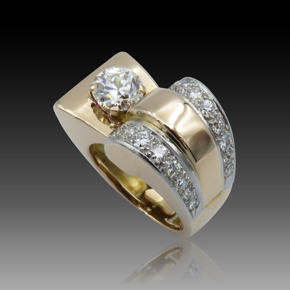 Bague Tank Vintage En Or 18k Et Platine Avec Diamants 0.35ct - Taille 58, France