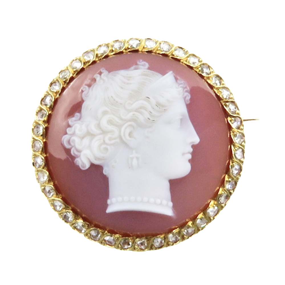 Broche vers 1890 en or 18K avec camée Agate et rose de diamants . Broche vers 1890 en or 18K avec camée Agate et rose de diamants .