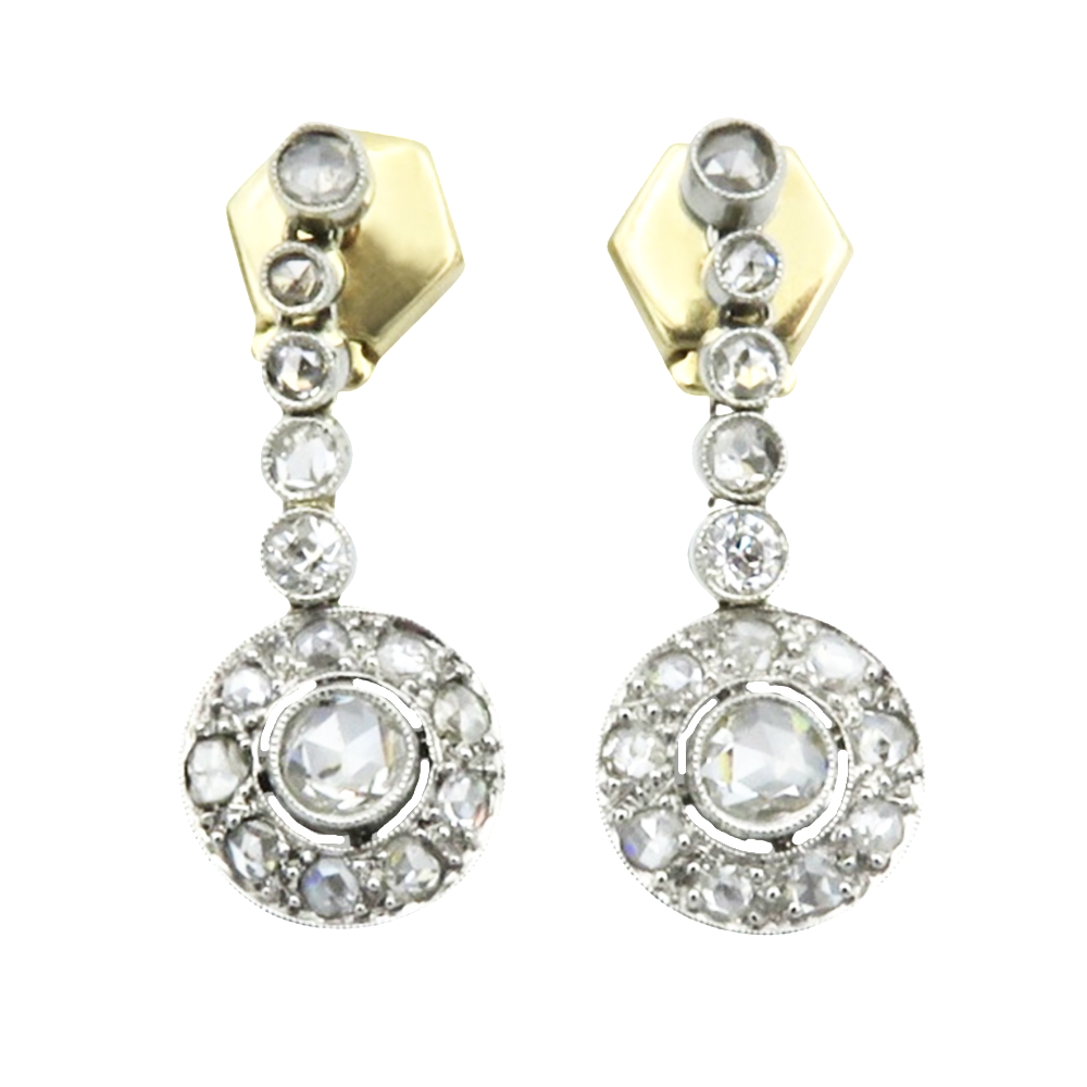 Boucles d'oreilles Pendantes en or 18k et Platine vers 1920 avec roses de diamant