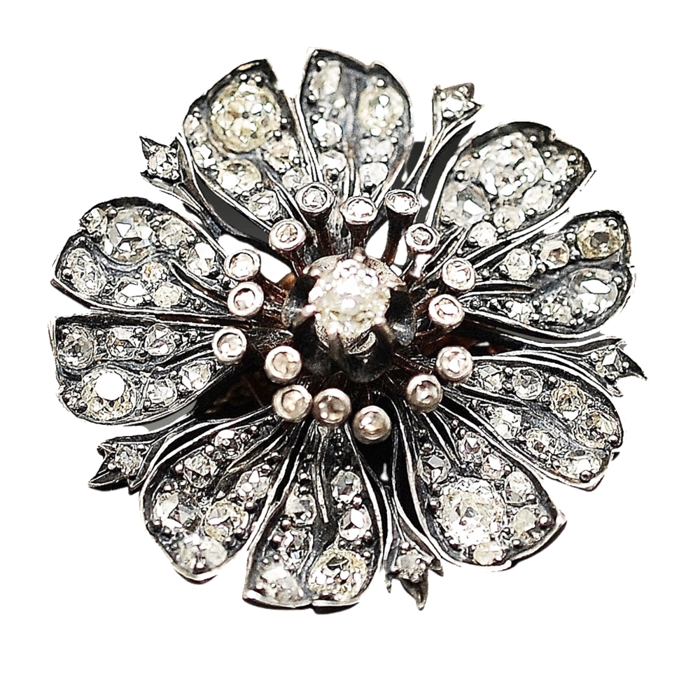 Broche en Or 18 Cts et Argent avec Diamants. Vers 1850