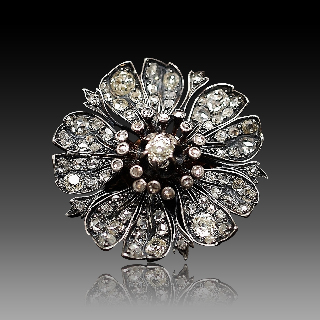 Broche en Or 18 Cts et Argent avec Diamants. Vers 1850