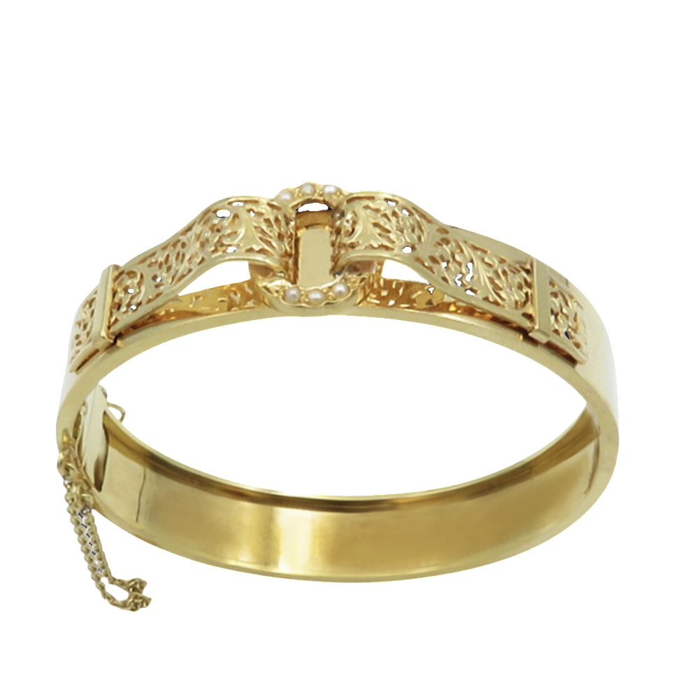 Bracelet jonc ouvrant ciselé Napoleon III en or 18 carats et demi perles fines