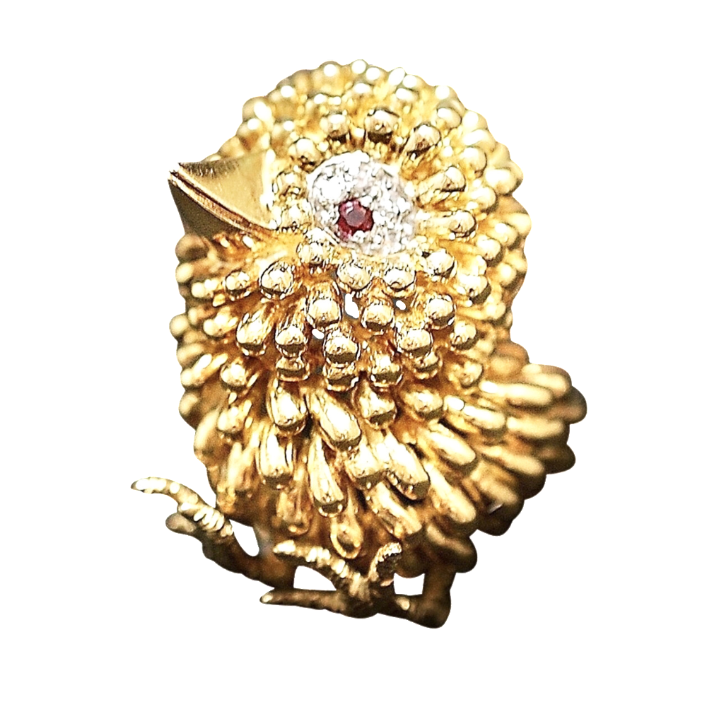 Broche "Poussin" Or 18k massif avec Diamants et rubis Vers 1975.