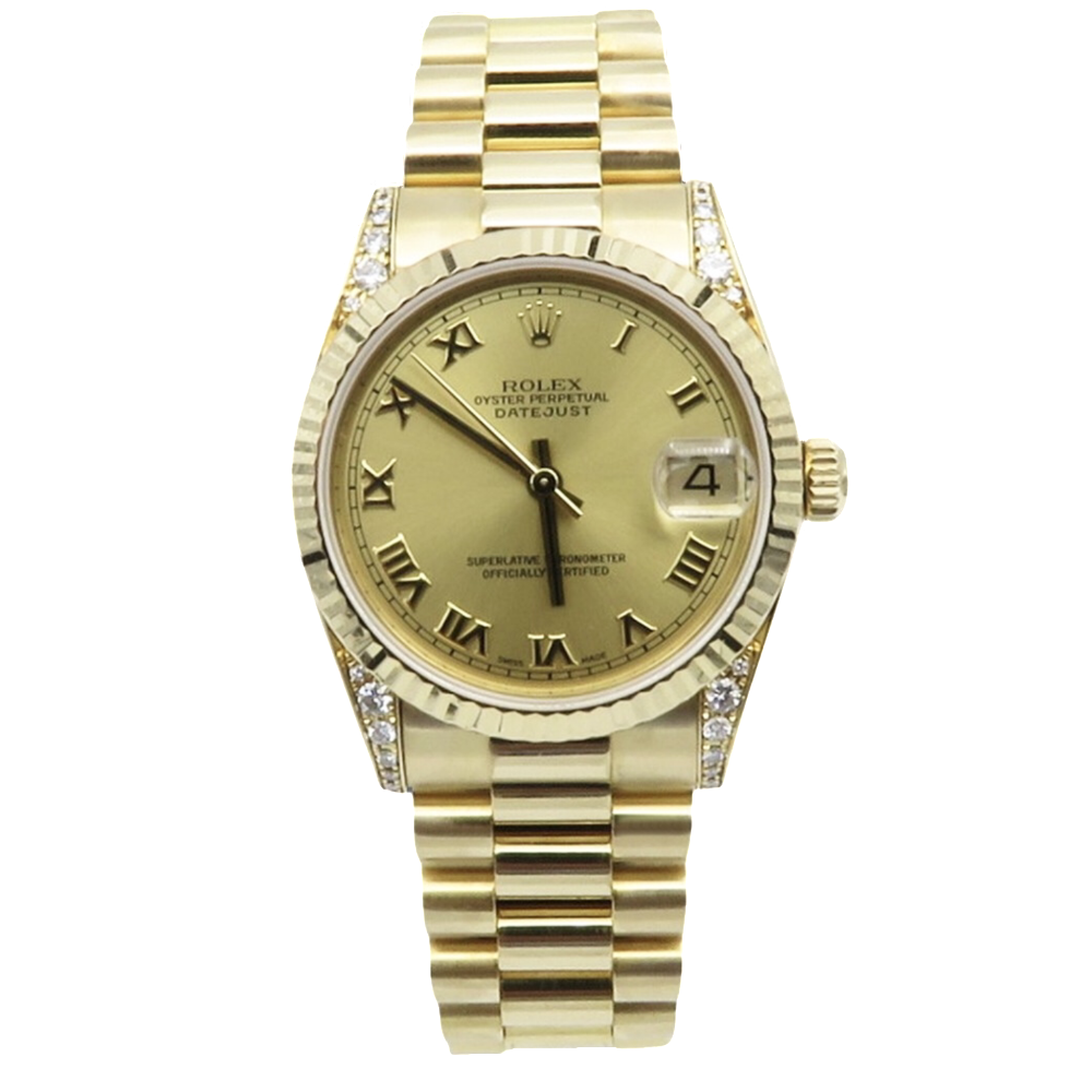 Montre Rolex Oyster Datejust Médium Or 18k Massif de 2010 et diamants. Cadran jaune. Ref : 68238 .