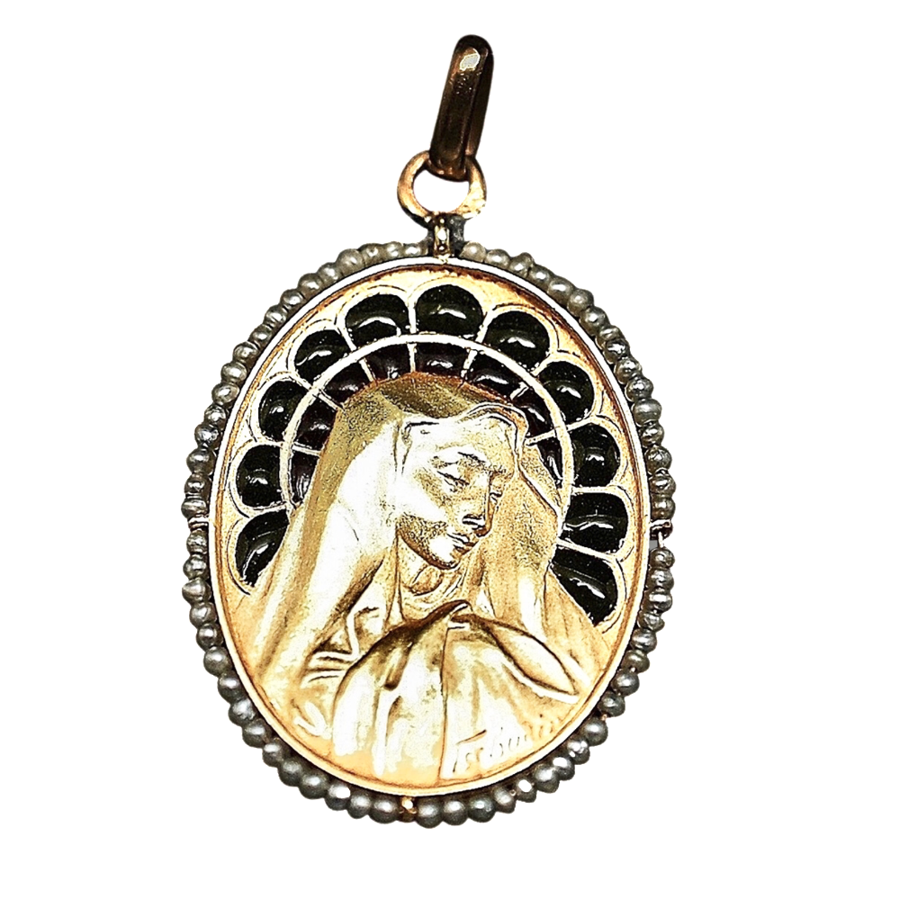 Médaille Art Nouveau de la vierge Email et Perles fines en or jaune 18k.