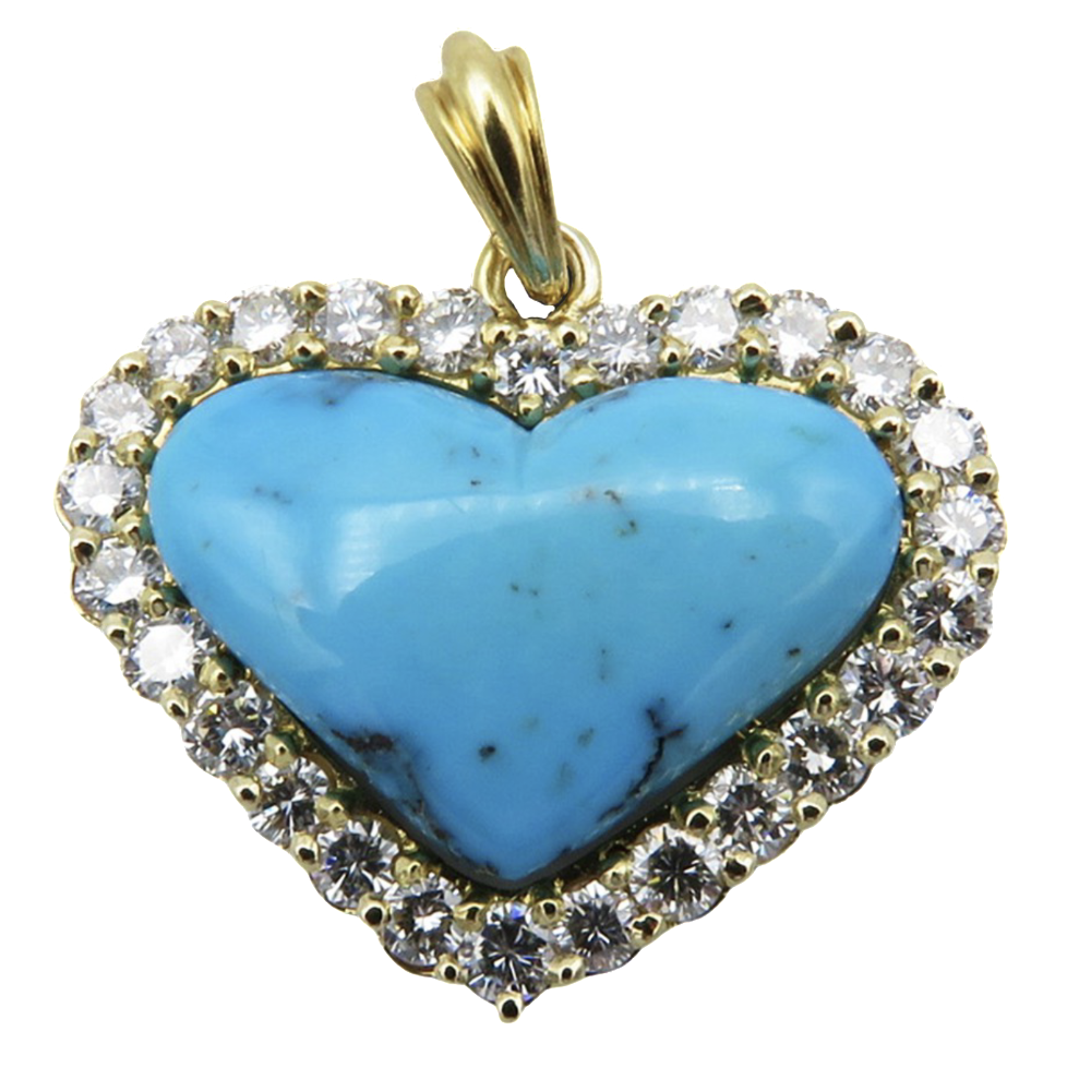 Pendentif Coeur en Or jaune 18k avec une turquoise et diamants.