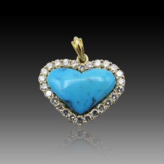 Pendentif Coeur en Or jaune 18k avec une turquoise et diamants.