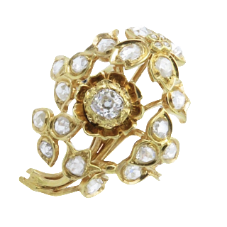 Broche en Or jaune 18 Cts  avec Diamants taille ancienne et roses .  