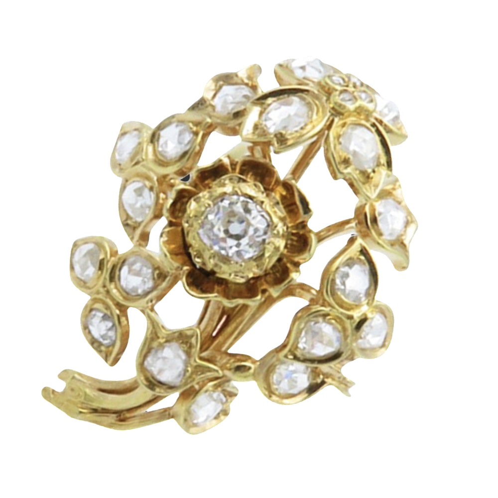 Broche en Or jaune 18 Cts  avec Diamants taille ancienne et roses .  