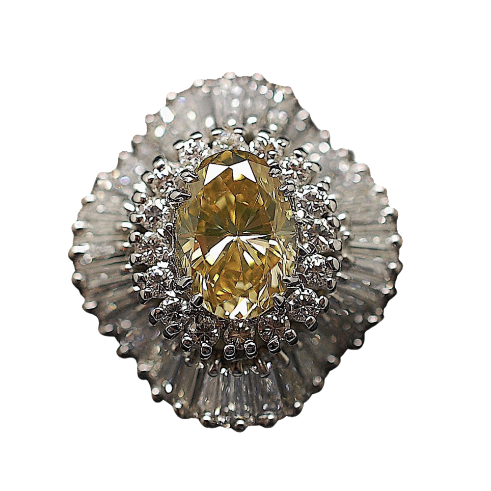 Bague Jupette  en or gris 18k avec un Diamant Ovale Fancy naturel  de 2.29 Cts  + 2.50 Cts