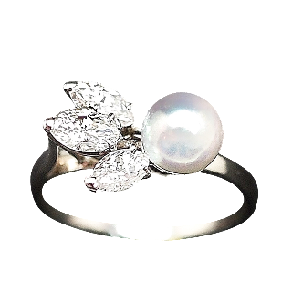 Bague en or gris 18k avec perle grise et Diamants Navettes Taille 52