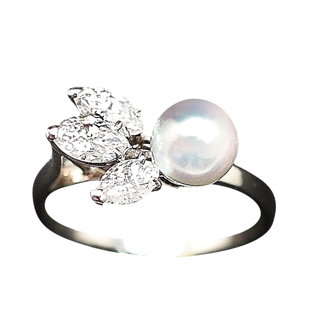 Bague en or gris 18k avec perle grise et Diamants Navettes Taille 52