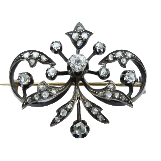 Broche en Or 18 Cts et Argent avec Diamants. Vers 1890