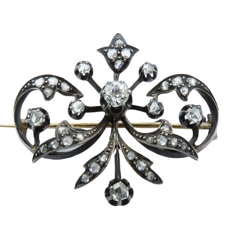 Broche en Or 18 Cts et Argent avec Diamants. Vers 1890