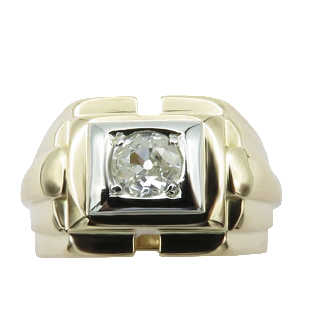 Chevalière en or jaune 18k et platine avec diamant taille ancienne vers 1950 Chevalière en or jaune 18k et platine avec diamant taille ancienne vers 1950