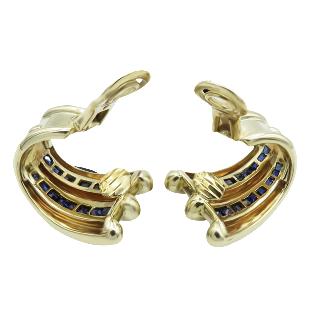 Boucles d'oreilles Clips Or jaune 18k Massif et Saphirs Calibrés