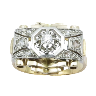 Bague Tank vintage vers 1940 en Or 18K et Platine avec roses de Diamant Bague Tank vintage vers 1940 en Or 18K et Platine avec roses de Diamant