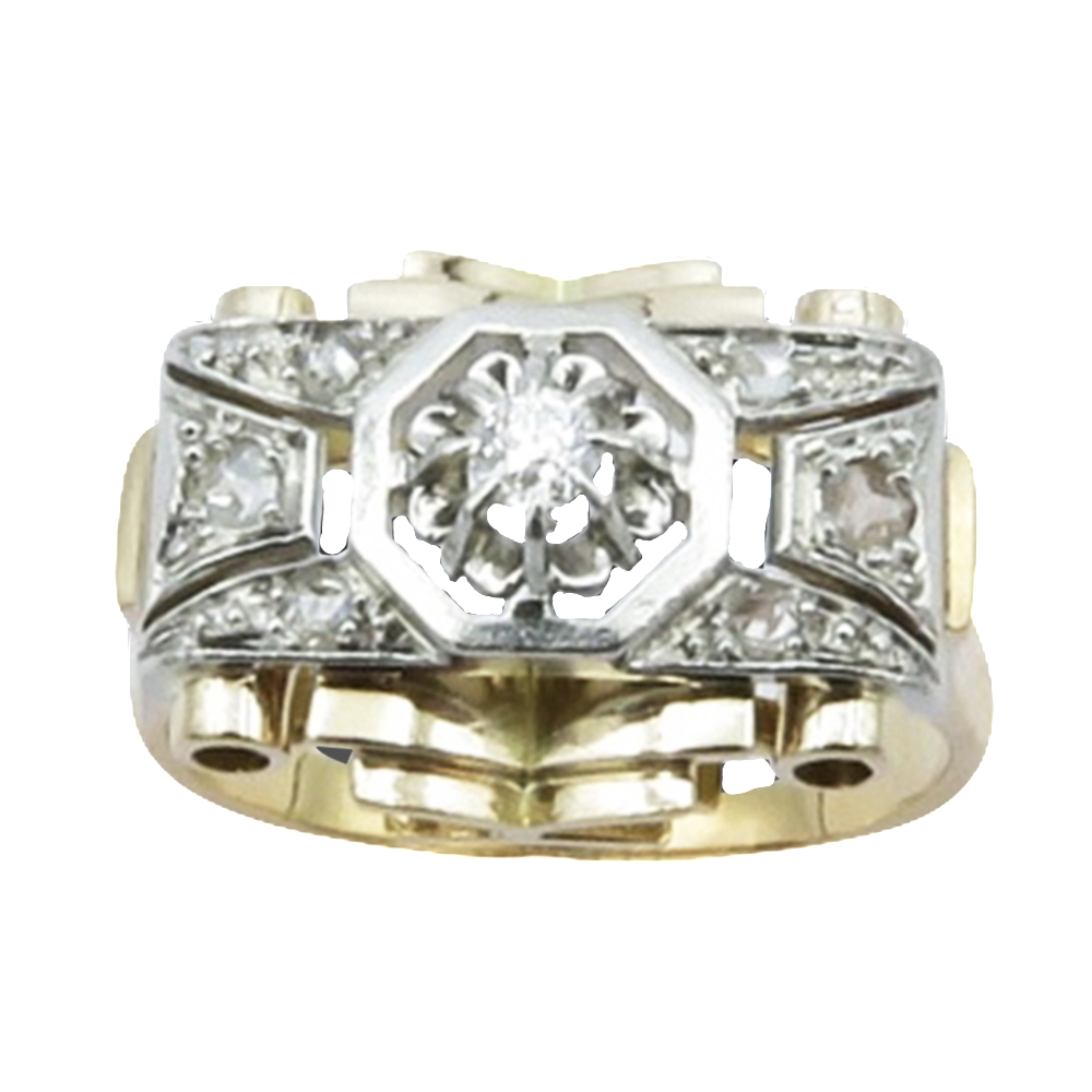 Bague Tank vintage vers 1940 en Or 18K et Platine avec roses de Diamant Bague Tank vintage vers 1940 en Or 18K et Platine avec roses de Diamant