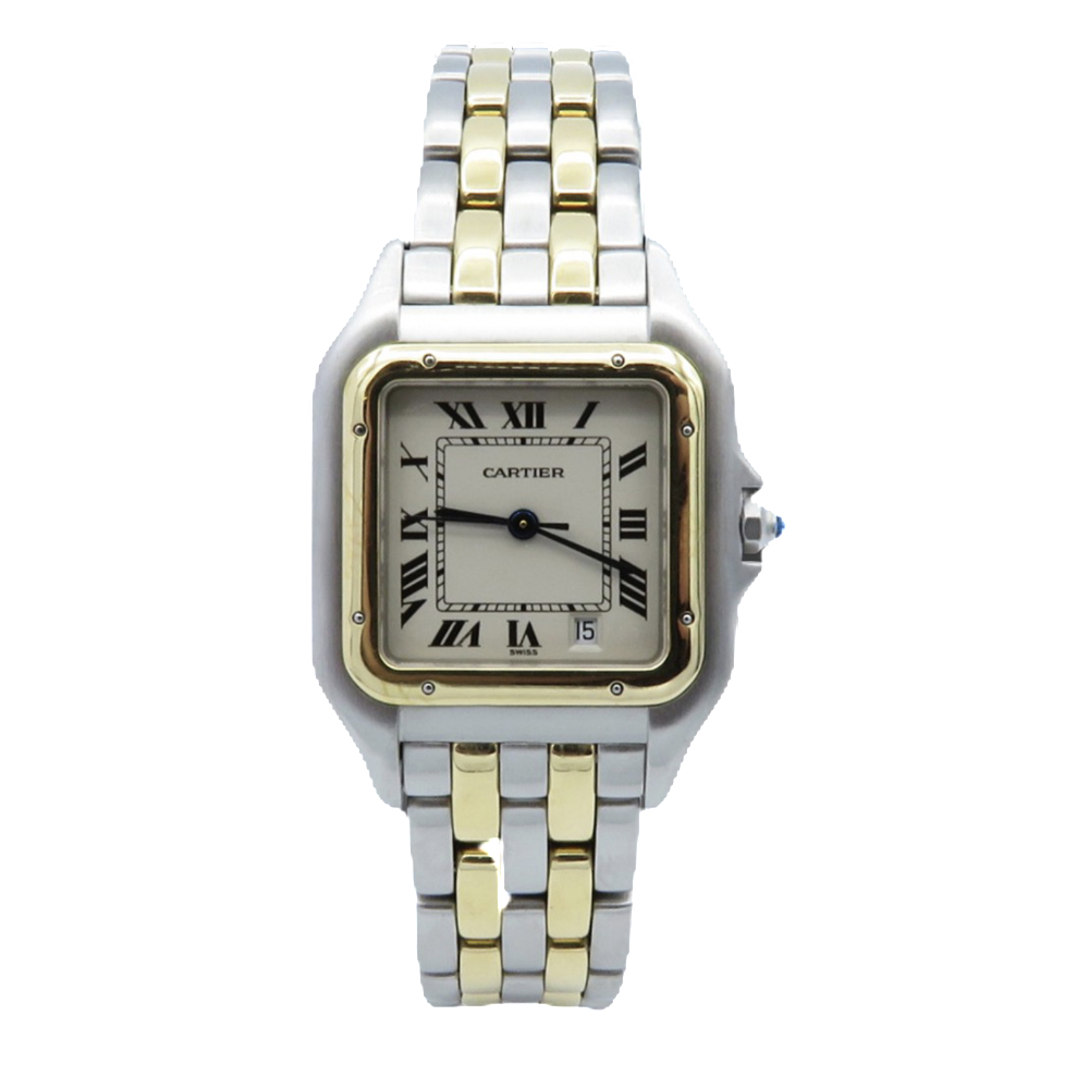 Montre Cartier homme "Panthère" Or 18k 2 rangs et acier quartz Vers 1990.